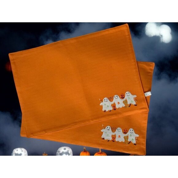 Halloween Orange Cotton Placemats Set of 2 Embroidered Ghosts Pumpkins Decor - Picture 1 of 10